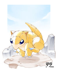 absurdres artist_name blue_sky border dated gen_1_pokemon highres looking_at_viewer nintendo no_humans orlek pokemon pokemon_(creature) rock sandshrew sky solo white_border