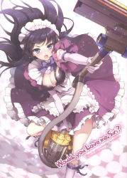 1girl an2a apple_inc. apron black_hair blue_eyes breasts cleavage cleavage_cutout clothing_cutout dress elbow_gloves female_focus gloves highres kneehighs large_breasts leg_up long_hair maid maid_apron maid_headdress open_mouth pink_gloves pink_socks scan siri socks solo tears vacuum_cleaner