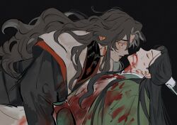 2boys akmizuk black_background black_hair black_hanfu blood blood_from_mouth blood_on_clothes blood_on_face chinese_clothes clenched_teeth closed_eyes coat facial_mark forehead_mark from_side green_eyes green_hanfu hanfu highres long_hair looking_at_another lower_teeth_only luo_binghe lying male_focus multiple_boys on_back open_mouth parted_lips red_eyes renzha_fanpai_zijiu_xitong shen_qingqiu simple_background teeth topknot upper_body white_coat xiao_guan_(headdress) zuiyin