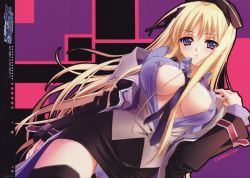1girl baldr_sky blonde_hair blue_eyes breasts carnelian covered_erect_nipples female_focus hat highres huge_filesize kirishima_rain large_breasts long_hair miniskirt necktie no_bra open_clothes open_shirt panties pantyshot pencil_skirt shirt skirt solo thighhighs underwear upskirt very_long_hair white_panties zettai_ryouiki