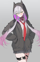 1girl absurdres black_jacket black_skirt blush body_markings breasts choker collared_shirt demon_girl demon_horns fate/grand_order fate_(series) green_eyes grey_hair grin highres hood horns jacket lilith_(fate) long_hair long_sleeves looking_at_viewer low_twintails medium_breasts necktie shirt skirt smile solo thigh_strap thighs twintails uriuriyukitti white_shirt