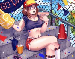 1girl baseball_cap black_shirt blue_sky blush_stickers boku_no_hero_academia breasts brown_eyes brown_hair cellphone cleavage cloud commentary confetti crop_top cropped_shirt crossed_arms cup disposable_cup dolphin_shorts english_commentary fence foam_finger food hat highres holding holding_food hot_dog medium_breasts medium_hair megaphone mica_(c_killjoy) midriff navel orange_shorts phone shirt shorts signature sitting sky smartphone socks solo tree uraraka_ochako white_socks