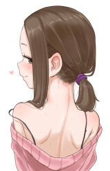 1girl bare_shoulders blush brown_eyes brown_hair closed_mouth from_behind hair_over_shoulder highres karakai_jouzu_no_takagi-san long_hair looking_at_viewer looking_back low_ponytail note2000 off-shoulder_sweater off_shoulder pink_sweater ponytail short_ponytail shoulder_blades simple_background smile solo strap_slip sweater takagi-san white_background