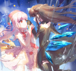 2girls absurdres arcaea black_dress black_gloves black_hair black_thighhighs bleeding blood blue_eyes bow bowtie closed_mouth commentary_request cone_hair_bun cowboy_shot cross cross_earrings double_bun dress dress_flower earrings eye_contact floating_hair flower frilled_thigh_strap garter_straps glass_shard glass_shards gloves hair_bun hat highres hikari_(arcaea) holding_another&#039;s_wrist holding_glass_shard ice_shard impaled injury jewelry juliet_sleeves latin_cross long_hair long_sleeves looking_at_another multiple_girls profile puffy_sleeves red_bow red_bowtie red_eyes red_hat standing standing_on_one_leg tairitsu_(arcaea) tairitsu_(tempest)_(arcaea) tenten_(tianbixia) thigh_strap thighhighs white_dress white_hair white_thighhighs