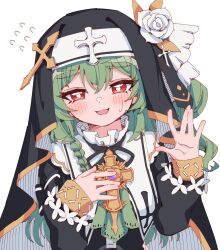 Rule 34 | 1girl, absurdres, artist request, blush, book, braid, commission, cross, cuffs, flower, flying sweatdrops, green hair, hair between eyes, hands up, highres, huanxiang koudai meow, long hair, long sleeves, nun, original, puffy long sleeves, puffy sleeves, red eyes, rune (dualhart), second-party source, shackles, shy, simple background, sitting, solo, sweatdrop, thigh strap, transparent background, upper body, veil, waving, white flower