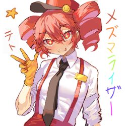 +_+ 1girl alternate_costume black_necktie breasts collared_shirt commentary contrapposto drill_hair english_commentary gloves hair_between_eyes hand_up hat highres kasane_teto kepi medium_breasts mesmerizer_(vocaloid) military_hat necktie nikoro_08 pants red_hat red_pants shirt short_sleeves smile smiley_hat_ornament solo star_(symbol) suspenders tongue tongue_out twin_drills upper_body utau w white_shirt wing_collar yellow_gloves