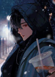 Rule 34 | 1boy, absurdres, aegyo sal, black hair, black jacket, black sleeves, cup, face piercing, hair over one eye, highres, holding, holding cup, hood, hooded jacket, jacket, jewelry, looking at viewer, male focus, mouth piercing, necklace, nose, open mouth, original, piercing, profile, red eyes, short hair, snow, solo, teeth, toscana20460423, upper body, upper teeth only