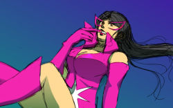 1girl black_hair breasts carol_ferris dc_comics elbow_gloves female_focus gloves green_lantern_(series) long_hair sitting solo star_sapphire_(dc)