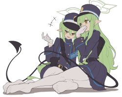 2girls blue_archive gloves green_hair halo hat hikari_(blue_archive) multiple_girls no_shoes note_note0408 nozomi_(blue_archive) pantyhose pointy_ears sitting skirt tail white_background white_gloves white_pantyhose