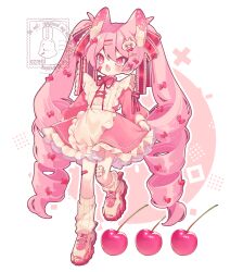 1girl animal_ear_fluff animal_ears apron bandaid bandaid_on_cheek bandaid_on_face bandaid_on_leg blush bow cat_ears cat_hair_ornament commentary cross-shaped_pupils double-parted_bangs dress extra_ears fang frilled_apron frilled_dress frills full_body gauze gauze_on_leg hair_between_eyes hair_bow hair_ornament hair_ribbon hairclip highres leg_up long_hair long_sleeves low_drills neck_ribbon open_mouth original ozureiji pink_dress pink_eyes pink_hair pink_theme puffy_long_sleeves puffy_sleeves red_bow red_ribbon ribbon shoes short_dress skin_fang sneakers socks solo symbol-only_commentary symbol-shaped_pupils tsurime twintails very_long_hair watermark white_apron white_shoes white_socks