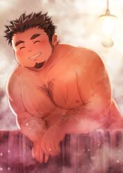 Rule 34 | 1boy, :d, ^ ^, arm hair, bara, beard, belly, blush, body hair, brown hair, character request, chest hair, closed eyes, facial hair, facing viewer, fat, fat man, goatee, haiiro oekaki, hairy, highres, lamp, large pectorals, long sideburns, male focus, muscular, muscular male, nipples, nude, onsen, open mouth, pectorals, short hair, sideburns, smile, solo, spiked hair, steam, stomach, stubble, tamacolle, thick thighs, thighs, upper body, wet