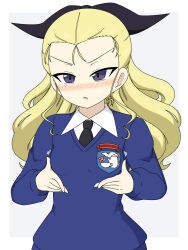 Rule 34 | 1girl, assam (girls und panzer), black necktie, black ribbon, blonde hair, blue eyes, blue sweater, blush, breasts, dress shirt, emblem, frown, girls und panzer, grabbing own breast, grey background, hair pulled back, hair ribbon, highres, ichinose jun, long hair, long sleeves, looking at viewer, necktie, open mouth, ribbon, school uniform, shirt, simple background, small breasts, solo, st. gloriana&#039;s (emblem), st. gloriana&#039;s school uniform, sweatdrop, sweater, upper body, v-neck, white shirt, wing collar