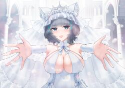 1girl absurdres animal_ears artist_name azur_lane bare_shoulders black_hair blue_eyes blunt_bangs breasts bridal_veil bride cheshire_(azur_lane) cleavage dress elbow_gloves fake_animal_ears foreshortening gloves highres huge_breasts incoming_hug indoors jewelry multicolored_hair open_hands open_mouth outstretched_arms reaching reaching_towards_viewer ring short_hair smile streaked_hair takedzutsu_sake upper_body veil wedding_dress wedding_ring