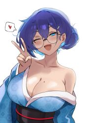 1girl blue_eyes blue_hair blue_kimono breasts commentary glasses hair_bun heart highres japanese_clothes kimono large_breasts long_hair looking_at_viewer meru_(twt_zet) mole mole_on_breast one_eye_closed open_mouth original round_eyewear simple_background smile solo spoken_heart upper_body v very_long_hair zet_(twt_zet)