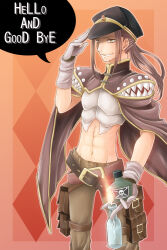1boy arima_natsubon belt belt_pouch black_hat brown_belt brown_cape brown_eyes brown_hair brown_pants cape commentary_request cowboy_shot creator_(ragnarok_online) crop_top english_text gloves grin hat long_hair looking_at_viewer male_focus midriff molotov_cocktail navel orange_background pants peaked_cap poison pouch ragnarok_online shirt smile solo teeth white_gloves white_shirt