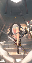 1boy 1girl ankle_boots ass bad_id bad_pixiv_id bell bent_over between_fingers blue_eyes boots braid brown_hair clothes_lift fox frilled_thigh_strap hat highres holding jingle_bell katana legs light_rays long_hair monk original panties petticoat shrine single_braid skirt skirt_lift solo_focus stairs striped_clothes striped_panties sunbeam sunlight sword thigh_strap tiptoes torii tsunekun underwear upskirt very_long_hair weapon