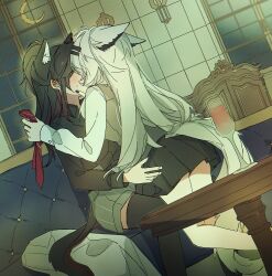 2girls alcohol animal_ears arknights ass_peek black_hair black_shirt black_skirt black_thighhighs blush couch cup drinking_glass grey_shorts hair_ornament hairclip highres holding_necktie implied_kiss jacket kiss lappland_(arknights) long_hair moon multicolored_hair multiple_girls necktie night on_couch ponytail red_hair red_necktie seri_(vyrlw) shirt shorts sitting skirt striped_clothes striped_necktie striped_shorts table tail texas_(arknights) texas_(willpower)_(arknights) thighhighs unworn_jacket white_hair white_jacket white_shirt window wine wine_glass wolf_ears wolf_girl wolf_tail yuri
