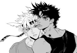 2boys battle_tendency caesar_anthonio_zeppeli closed_mouth commentary_request crew_neck eyelashes facial_mark hair_wings headband highres jojo_no_kimyou_na_bouken joseph_joestar joseph_joestar_(young) looking_ahead looking_to_the_side male_focus multiple_boys rnrfml shirt short_hair short_sideburns simple_background star_(symbol) t-shirt tank_top thick_eyebrows upper_body white_background