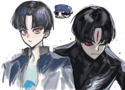 1boy black_hair blush closed_mouth highres looking_at_viewer looking_down male_focus maruko_gaku multiple_expressions one_eye_closed parted_bangs parted_hair red_eyes simple_background solo solo_focus the_hundred_line_-last_defense_academy- upper_body white_background