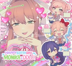 Rule 34 | 4girls, :d, anniversary, birthday, blazer, blue skirt, bow, brown hair, brown jacket, character name, chibi, chibi inset, copyright name, cupcake, doki doki literature club, dress shirt, english text, food, green eyes, hair between eyes, hair bow, happy birthday, heart, highres, jacket, long hair, looking at viewer, monika (doki doki literature club), multiple girls, natsuki (doki doki literature club), neck ribbon, open mouth, pink eyes, pink hair, pleated skirt, ponytail, purple eyes, purple hair, red bow, red ribbon, ribbon, sayori (doki doki literature club), senn10000, shirt, short hair, sidelocks, skirt, smile, sweater vest, twitter username, two side up, white shirt, yuri (doki doki literature club)