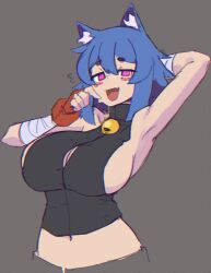 Rule 34 | 1girl, :d, animal ear fluff, animal ears, arm behind head, bandaged arm, bandages, bell, black shirt, blue hair, blush stickers, breasts, cat ears, cat girl, cleavage cutout, clothing cutout, collared shirt, doce, fang, female focus, finger to mouth, fingerless gloves, freckles, gloves, grey background, hair between eyes, half-closed eyes, highres, jingle bell, large breasts, looking at viewer, midriff, open mouth, original, purple eyes, red gloves, shirt, short hair, sideboob, simple background, skin fang, sleeveless, smile, solo, upper body, xiao (docecaedrus)