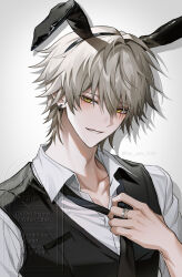 Rule 34 | 1boy, animal ear hairband, animal ears, black hairband, black necktie, black vest, caelus (honkai: star rail), collared shirt, commentary, fake animal ears, grey hair, hair between eyes, hairband, hand up, highres, honkai: star rail, honkai (series), jewelry, looking at viewer, male focus, necktie, nyamnyam (ny am 030), parted lips, rabbit ear hairband, rabbit ears, ring, shirt, short hair, simple background, solo, symbol-only commentary, trailblazer (honkai: star rail), twitter username, upper body, vest, watermark, white background, white shirt, yellow eyes