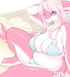 1girl arm_behind_head beach bikini blue_bikini blue_eyes breasts claws colored_skin full_body furry furry_female kikurage_(crayon_arts) knee_up large_breasts long_hair looking_at_viewer original outdoors pink_hair pink_skin plump sand solo swimsuit tail