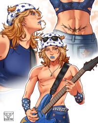 1boy absurdres alternate_costume back_tattoo belt blonde_hair blue_eyes blue_lips blue_nails blue_pants blue_tank_top commentary cracked_instrument crop_top denim electric_guitar english_commentary face_piercing guitar hat highres holding holding_instrument instrument jewelry johnny_joestar jojo_no_kimyou_na_bouken lip_piercing makeup male_focus medium_hair multiple_views music necklace pants piercing pizza990 playing_guitar playing_instrument star_(symbol) star_print star_tattoo steel_ball_run sunglasses tank_top tattoo toned toned_male topless_male white_belt white_hat wing_tattoo wristband