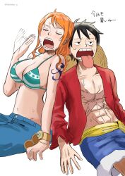 1boy 1girl 2025 abs bangle bare_shoulders bikini bikini_top_only black_hair blue_pants blue_shorts blush bracelet breasts cleavage closed_eyes collarbone commentary cowboy_shot cross_scar denim facial_scar fur-trimmed_shorts fur_trim green_bikini hat heads_together highres hot jeans jewelry large_breasts leaning_on_person log_pose long_hair monkey_d._luffy motion_lines nami_(one_piece) nami_(one_piece)_(return_to_sabaody) navel norisiro_0 official_alternate_costume one_piece open_clothes open_mouth open_shirt orange_hair pants red_shirt sash scar scar_on_cheek scar_on_chest scar_on_face shirt shorts shoulder_tattoo simple_background sitting stomach straw_hat striped_bikini striped_clothes sweat swimsuit tattoo tongue tongue_out unworn_hat unworn_headwear wavy_hair white_background yellow_sash
