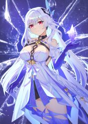 1girl absurdres bare_shoulders blue_thighhighs breasts commentary dress genshin_impact grey_hair hair_ornament halter_dress halterneck hand_up highres lan_qiandai large_breasts long_hair looking_at_viewer pink_eyes skirk_(genshin_impact) solo thighhighs thighs very_long_hair white_dress