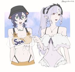 2girls alternate_costume belle_(zenless_zone_zero) blue_hair border breast_poke collarbone covered_navel green_eyes highres jewelry meous multiple_girls navel necklace official_alternate_costume one-piece_swimsuit poking purple_hair red_eyes swimsuit twitter_username vivian_banshee white_border zenless_zone_zero