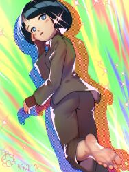 1girl ass barefoot black_hair blush brown_jacket brown_pants feet female_focus foot_out_of_frame from_behind gundam gundam_gquuuuuux highres jacket long_sleeves looking_at_viewer looking_back pants parted_lips shiiko_sugai short_hair soles solo soon_(c-u-soon) sparkle toes