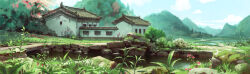 108_demon_kings architecture building day east_asian_architecture flower foliage grass highres house juliengeorgel landscape mountainous_horizon nature no_humans official_art outdoors plant river road rock scenery sky stone_bridge sunlight very_wide_shot village water wide_shot