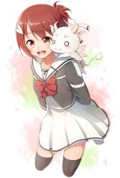 1girl :d arms_behind_back black_thighhighs collarbone creature creature_on_shoulder cropped_legs dress eda_udon grey_shirt gyuuki_(yuyuyu) hair_ornament hairclip highres neckerchief on_shoulder open_mouth pleated_dress ponytail red_eyes red_hair red_neckerchief sailor_collar sailor_shirt sanshuu_middle_school_uniform school_uniform shiny_skin shirt short_dress short_hair short_ponytail smile solo thighhighs white_background white_dress white_sailor_collar yuuki_yuuna yuuki_yuuna_wa_yuusha_de_aru yuusha_de_aru zettai_ryouiki