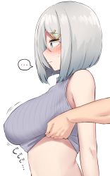 ... 1girl absurdres blue_eyes blush breasts closed_mouth clothes_lift from_side grey_hair hair_ornament hairclip hamakaze_(kancolle) highres kantai_collection kiritto large_breasts lifting_another&#039;s_clothes motion_lines short_hair simple_background solo_focus spoken_ellipsis upper_body white_background