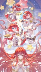 4girls absurdres ancient_greek_clothes angel_wings aqinorz asymmetrical_footwear balloon black_boots black_gloves blue_eyes boots chinese_commentary closed_eyes commentary_request cross-shaped_pupils dress elf gloves greco-roman_clothes highres holding holding_balloon holding_letter honkai:_star_rail honkai_(series) letter long_hair mismatched_footwear multiple_girls own_hands_together pointy_ears red_hair short_hair star_balloon symbol-shaped_pupils trianne_(honkai:_star_rail) tribbie_(honkai:_star_rail) tribios_(honkai:_star_rail) trinnon_(honkai:_star_rail) white_blindfold white_boots white_dress winged_boots wings