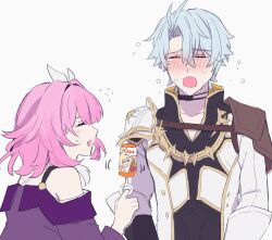 1boy 1girl ahoge armor coat crying cyrene_(honkai:_star_rail) hair_ornament highres holding honkai:_star_rail honkai_(series) mydei_(honkai:_star_rail) open_mouth pauldrons phainon_(honkai:_star_rail) pink_hair purple_coat short_hair shoulder_armor simple_background single_pauldron souko_ykyk02 tears white_background white_coat white_hair