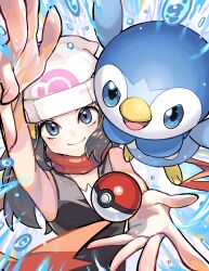 1girl absurdres arm_up beanie closed_mouth commentary_request dawn_(pokemon) gen_4_pokemon grey_eyes hair_ornament hairclip hat highres long_hair looking_at_viewer nintendo oshiri_seijin piplup poke_ball poke_ball_(basic) pokemon pokemon_(creature) pokemon_dppt red_scarf scarf shirt sleeveless sleeveless_shirt smile water water_drop white_hat