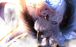 1boy absurdres armor astolfo_(fate) black_bow bow braid cape coat crossdressing emblem fate/apocrypha fate/grand_order fate_(series) fur-trimmed_coat fur_trim glowing glowing_eyes griffin hair_bow hair_intakes highres hippogriff_(fate) holding holding_behind_back holding_polearm holding_polearm_behind_back holding_weapon holding_weapon_behind_back multicolored_hair multiple_hair_bows overhead_lights pink_eyes pink_hair polearm riding single_braid snow snowing streaked_hair suisen-21 sun_glare sunlight trap trap_of_argalia weapon white_hair