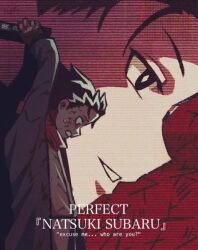 1boy arms_up black_hair blood blood_on_clothes blood_on_face book bright_pupils english_text from_side grey_shirt grin hair_slicked_back holding holding_book looking_down male_focus nothing_(11o1234) orange_scarf parody perfect_blue poster_parody protected_link re:zero_kara_hajimeru_isekai_seikatsu re:zero_kara_tsugihagu_isekai_seikatsu scarf shirt short_hair sideways_mouth smile sweat title_parody white_pupils