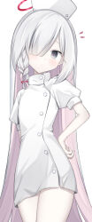 1girl absurdres alternate_costume blue_archive blush braid colored_inner_hair commentary_request dress grey_eyes hair_over_one_eye halo hanasaki_rin hat highres long_hair looking_at_viewer multicolored_hair nurse nurse_cap pink_hair plana_(blue_archive) red_halo simple_background solo streaked_hair very_long_hair white_background white_dress white_hair