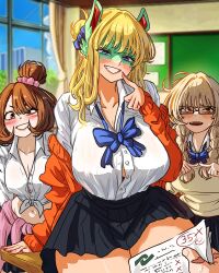 3girls absurdres blue_eyes blush_stickers boku_no_hero_academia bow bowtie breasts brown_eyes grin gyaru highres indoors ippan_josei kogal large_breasts looking_at_viewer loose_bowtie midoriya_izuku multiple_girls partially_unbuttoned pleated_skirt pov rectangular_eyewear school_uniform skirt smile sweater tented_shirt thick_thighs thighs toga_himiko uraraka_ochaco vlizz