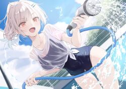1girl blue_one-piece_swimsuit blue_sky blush breasts brown_eyes cloud collarbone covered_navel hair_ornament hairclip highres holding holding_hose hose looking_at_viewer medium_breasts one-piece_swimsuit open_mouth original outdoors pool school_swimsuit see-through_clothes see-through_shirt shirt short_hair sky smile solo swimsuit swimsuit_under_clothes water wet wet_clothes wet_shirt white_hair white_shirt yusuka_yuu