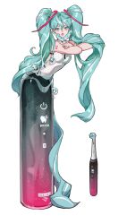 Rule 34 | 1girl, absurdres, alternate costume, aqua eyes, aqua hair, arm tattoo, bluetooth symbol, commentary, crossed arms, dental floss stick, electric toothbrush, full body, hatsune miku, highres, long hair, looking at viewer, number tattoo, open mouth, simple background, solo, tattoo, toothbrush, twintails, very long hair, vocaloid, wabao laowusuo, white background