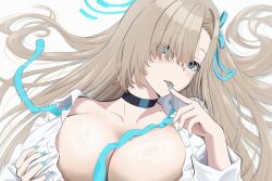 1girl aqua_eyes aqua_halo aqua_nails aqua_ribbon asuna_(blue_archive) asuna_(school_uniform)_(blue_archive) asymmetrical_bangs black_choker blue_archive bow bowtie breasts brown_hair choker collarbone commentary_request grabbing_own_breast hair_over_one_eye hair_ribbon halo highres huge_breasts licking_own_finger light_blush long_hair looking_at_viewer lying mole mole_on_breast on_back open_clothes open_shirt ribbon shirt solo syougun1106 undone_bowtie upper_body very_long_hair white_shirt