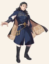 1boy black_boots black_hair boots cape circlet coat cosplay fire_emblem fire_emblem:_three_houses highres long_hair long_sleeves lucas_(rune_factory) male_focus mark_whitten nintendo pants seteth_(fire_emblem) seteth_(fire_emblem)_(cosplay) simple_background solo standing tan_background voice_actor_connection white_pants