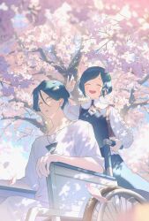 Rule 34 | 1boy, 1girl, :d, ^ ^, blue hair, cherry blossoms, closed eyes, collared shirt, day, frilled shirt, frilled sleeves, frills, fukurai azami, grey eyes, highres, holding, holding petal, long sleeves, looking at viewer, meguriya ayumu, minato (getto m), open mouth, outdoors, petals, puffy long sleeves, puffy sleeves, shirt, short hair, sitting, smile, spring (season), standing, toshi densetsu kaitai center, tree, tree shade, triangle necklace, wheelchair, white shirt