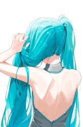 1girl aqua_hair aqua_nails back backless_dress backless_outfit backless_shirt dress fingernails grey_shirt hatsune_miku highres long_hair nape omochiarts shirt simple_background sleeveless sleeveless_shirt solo twintails upper_body vocaloid white_background