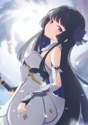 1girl absurdres arm_armor black_gloves black_hair breasts closed_mouth cloud cloudy_sky commentary_request commission cosplay cowboy_shot detached_sleeves dress from_side genshin_impact gloves hair_ribbon highres holding holding_weapon koharu_(sharkoharu) light_smile long_hair looking_at_viewer lumine_(genshin_impact) lumine_(genshin_impact)_(cosplay) medium_breasts oops original partially_fingerless_gloves purple_eyes ribbon skeb_commission sky solo very_long_hair weapon white_dress
