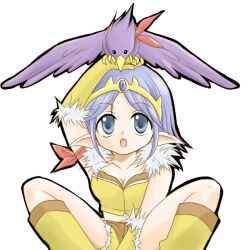 1girl animal animal_on_head armband bird bird_on_head blue_hair boots breasts brown_shirt brown_shorts circlet cleavage crop_top fur-trimmed_gloves fur-trimmed_shirt fur-trimmed_shorts fur_trim gloves grey_eyes hawk midriff navel on_head open_mouth pointy_ears ragnarok_online shirt short_hair shorts simple_background sitting sleeveless sleeveless_shirt sniper_(ragnarok_online) solo two-tone_shirt two-tone_shorts white_background yellow_boots yellow_gloves yellow_shirt yellow_shorts yuzu_tanuki